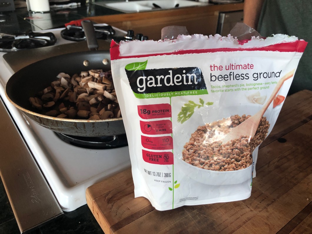 gardein beefless crumbles in mexi-style vegan gyros
