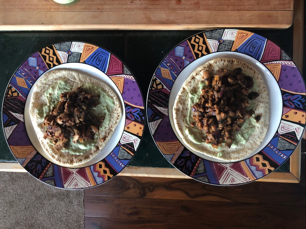 vegan gyros, plant-based gyros, mushroom gyros, avocado sauce