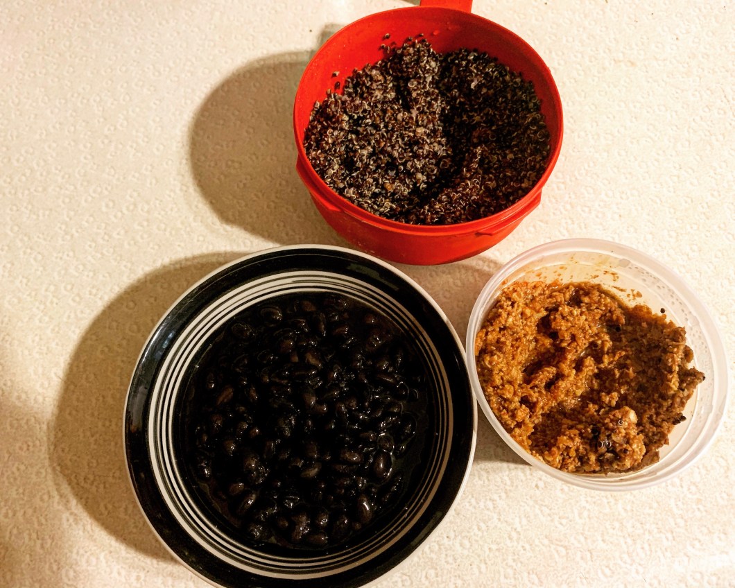 Leftover quinoa, black beans, and seasoned cauliflour from taco night.