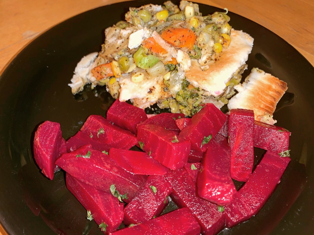a slice of Vegan pot pie and beets