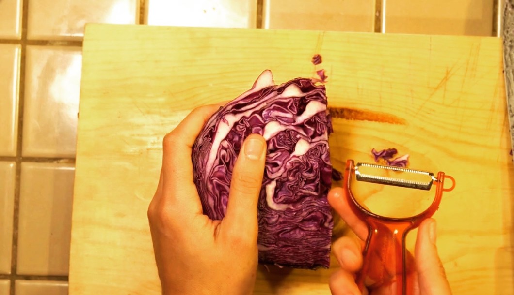 shredded red cabbage for fishless fish tacos