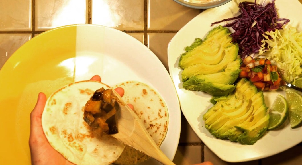 Assembled eggplant fishless fish tacos