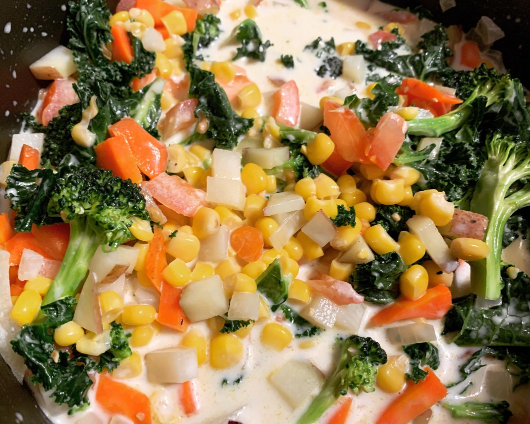 Corn Chowder kale, corn, carrots and potatoes