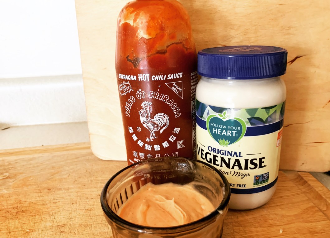 sriracha vegan mayo for vegan chickpea breakfast burrito