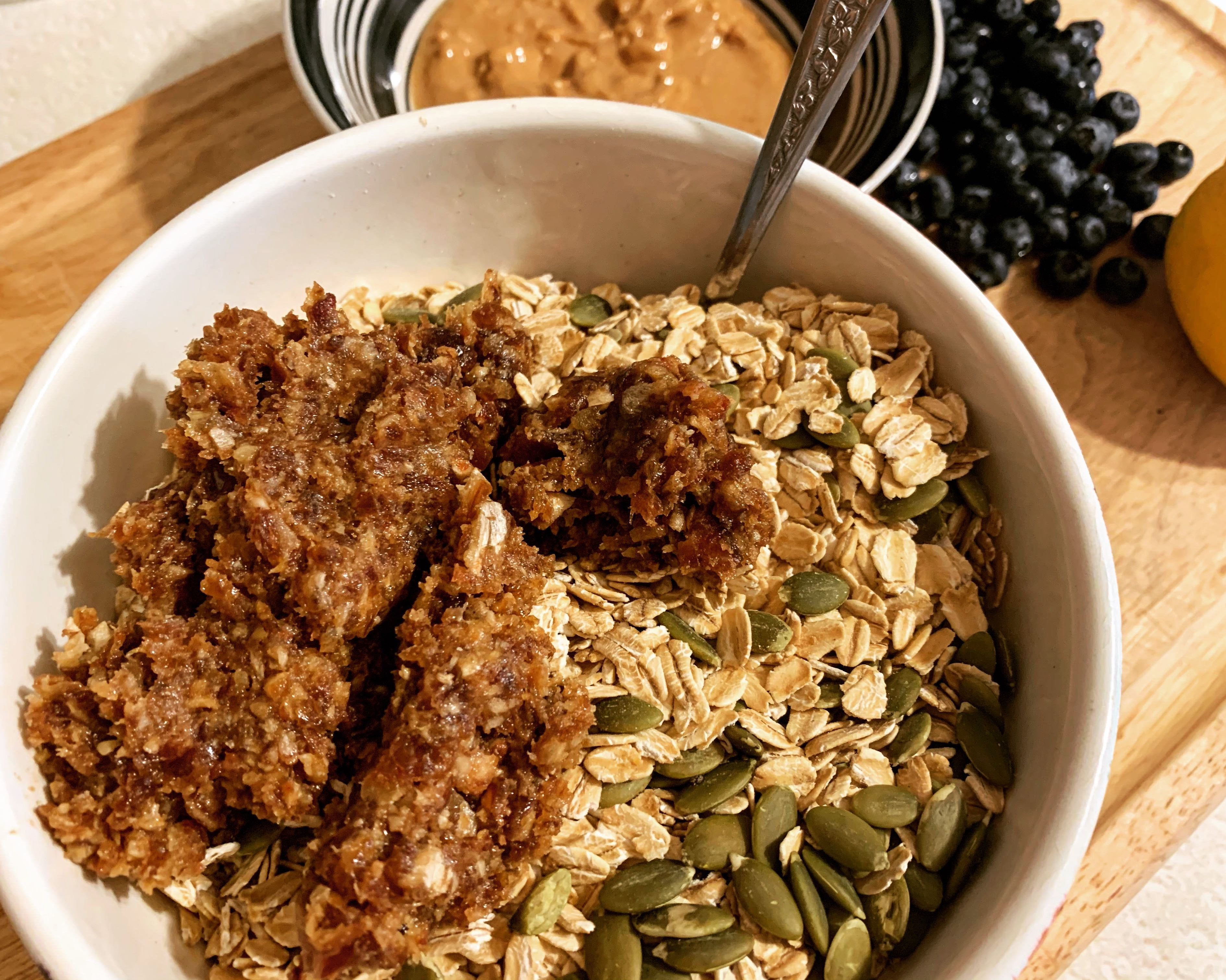 blended dates for blueberry lemon granola bars