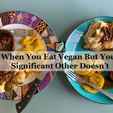 when you eat vegan but your significant other doesn't - 1 plate has steak, mashed potatoes, and roasted squash, 1 plate has a portabella mushroom, mashed potatoes, and roasted squash