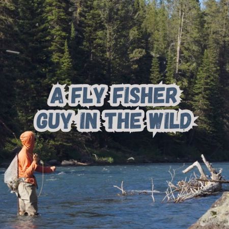 title page with a guy fly fishing in the middle of a river surrounded by trees