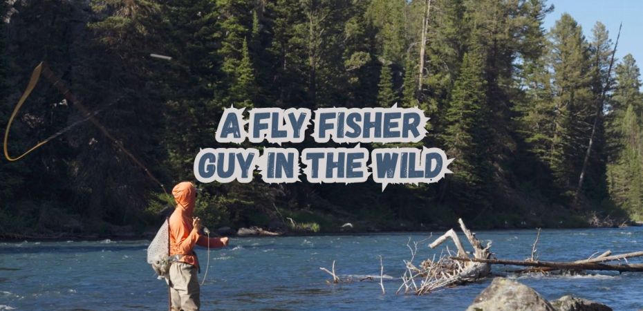 title page with a guy fly fishing in the middle of a river surrounded by trees