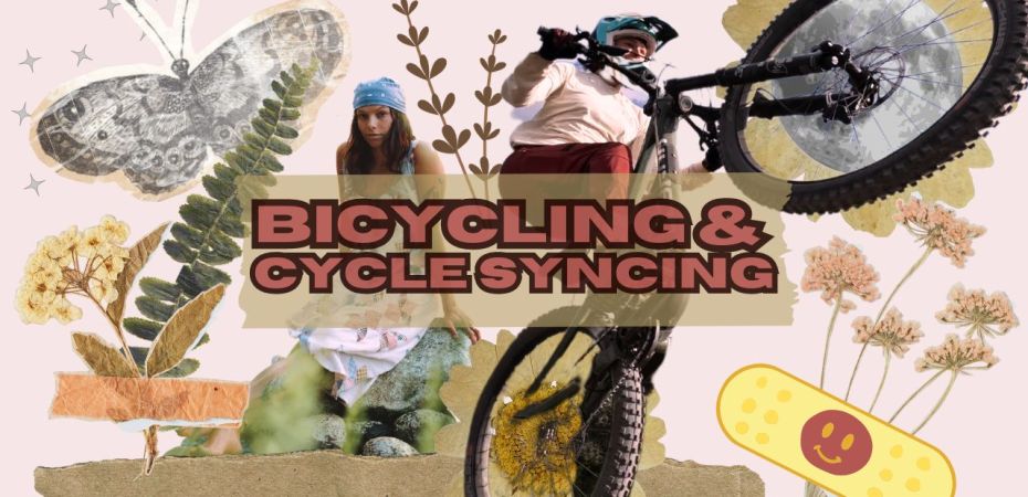 Scrapbook style cover photo, sparkles, moth, flowers and eucalyptus with tape, one woman in a dress and blue bandana, one woman in red pants and a tan shirt jumping on a mountain bike, daisies are behind the bike wheels, and a moon is behind the front tire, more flowers with a smiley face band-aid cartoon