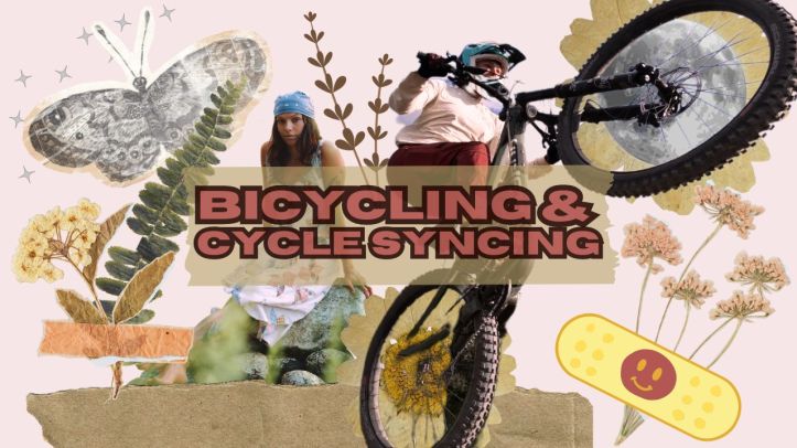 Scrapbook style cover photo, sparkles, moth, flowers and eucalyptus with tape, one woman in a dress and blue bandana, one woman in red pants and a tan shirt jumping on a mountain bike, daisies are behind the bike wheels, and a moon is behind the front tire, more flowers with a smiley face band-aid cartoon