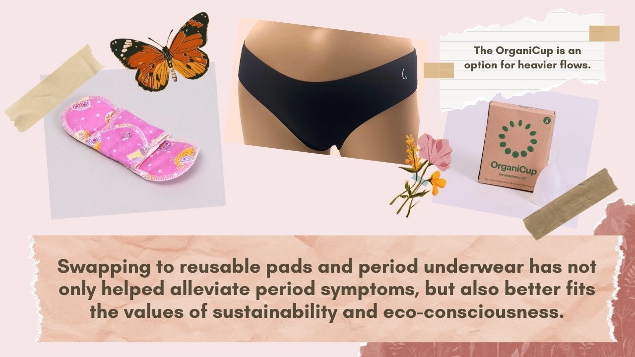 scrapbook style page with glad rags period pads, lilova period panties, and organicup menstrual cup, orange and red butterfly, and flower cartoons with tape