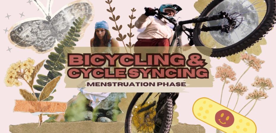 Scrapbook style cover photo, sparkles, moth, flowers and eucalyptus with tape, one woman in a dress and blue bandana, one woman in red pants and a tan shirt jumping on a mountain bike, daisies are behind the bike wheels, and a moon is behind the front tire, more flowers with a smiley face band-aid cartoon