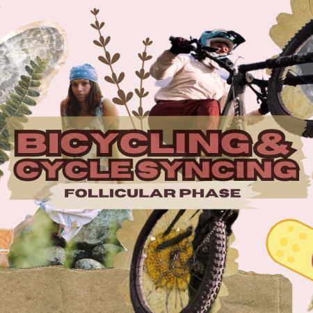 Scrapbook style cover photo, sparkles, moth, flowers and eucalyptus with tape, one woman in a dress and blue bandana, one woman in red pants and a tan shirt jumping on a mountain bike, daisies are behind the bike wheels, and a moon is behind the front tire, more flowers with a smiley face band-aid cartoon