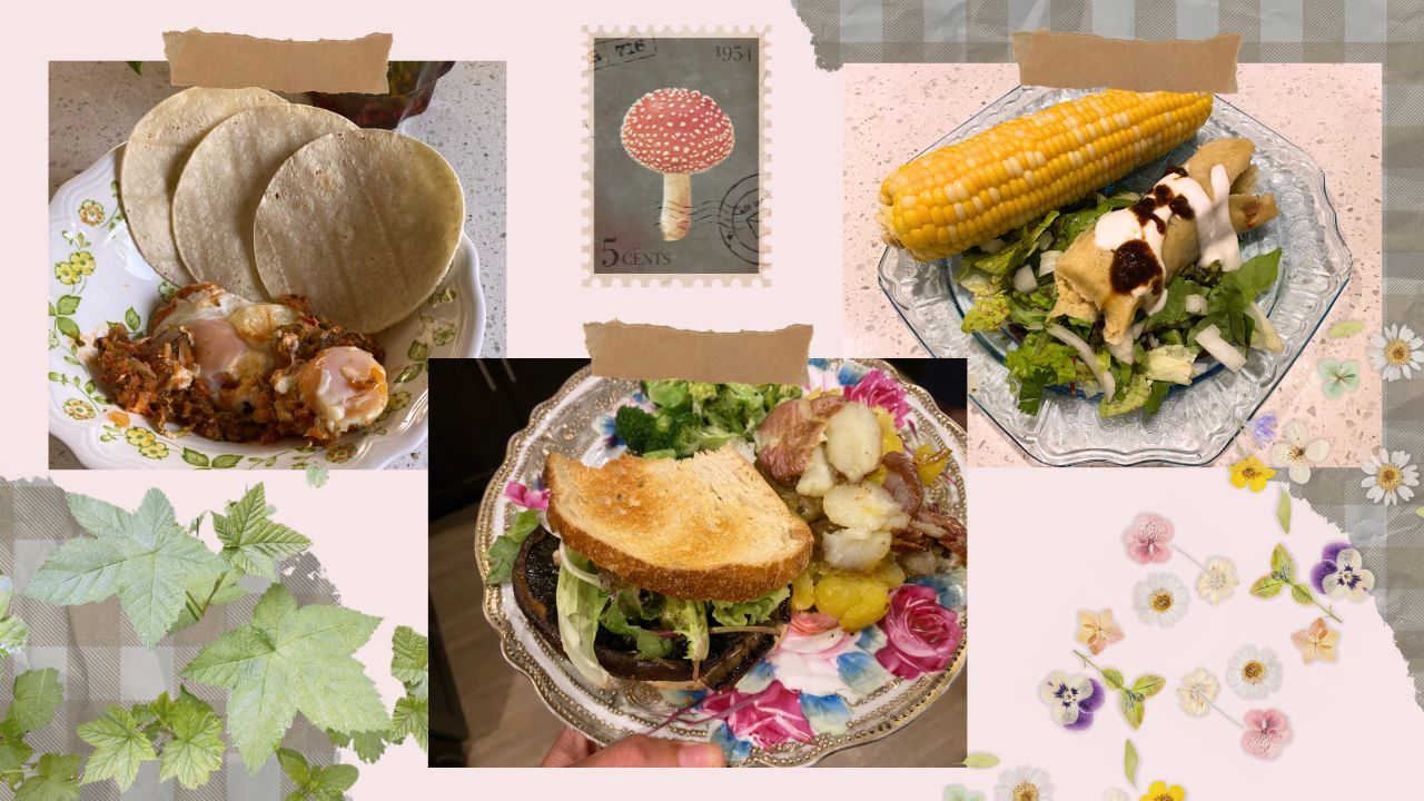 scrap book style image. picture of vegetarian heuvos rancheros. green leaves, red mushroom stamp, mushroom sandwich with broccoli and potatoes. vegan tamale with elote on a bed of salad