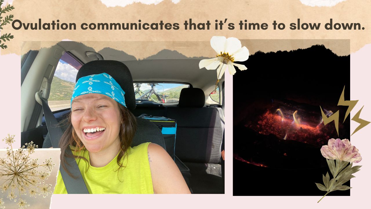 scrapbook style image with green leaves, flowers, and lighting bolts, image of woman smiling with a bandana and green wild tank top. image at night with a close up of a fire and coals.