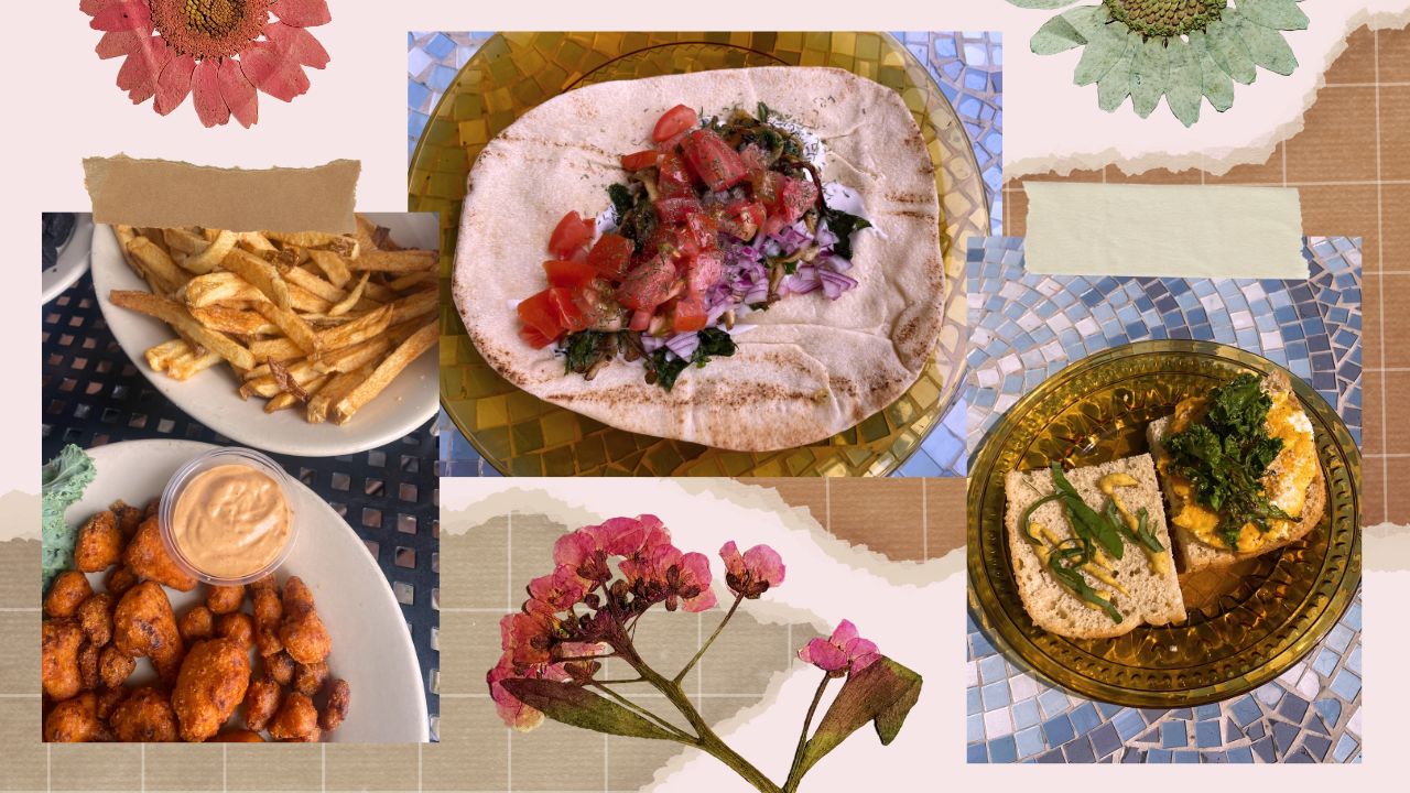 scarpbook style image with dried flowers and dried flower bouquet. image of cauliflower bites and fries, a gyro with mushrooms, tomatoes, red onions, and vegan tzatziki sauce, an and image with an egg sandwich on focaccia bread with kale and fresh basil