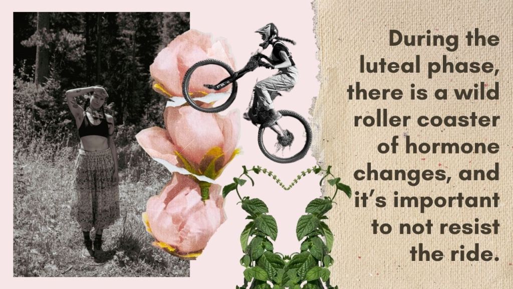 scrapbook style image with a woman wearing a skirt and black sportsbra standing in the middle of a forest, raising one hand up, 3 vertical pink flowers, a black and white image of a woman jumping her bike, a mirrored image of mint leaves that are in the shape of a heart