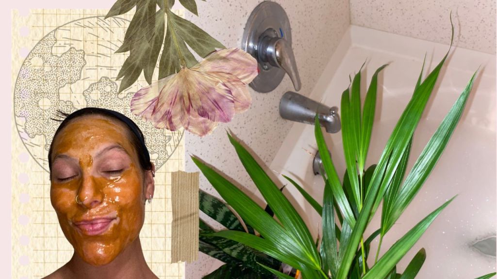 scrapbook style image. Selfie with a woman who has an orange tumeric and honey face mask, with a moon outline behind her head, an upside down flower and an image with a bathtub and plants