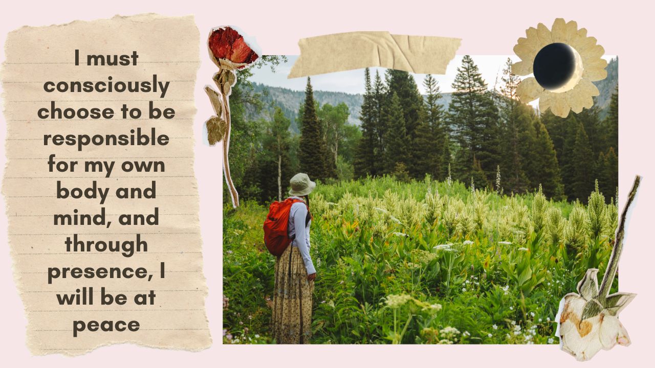 scrapbook style image with woman in a meadow with a forest in the background, red rose and white rose surrounding image, with a piece of tape "holding" up the image.