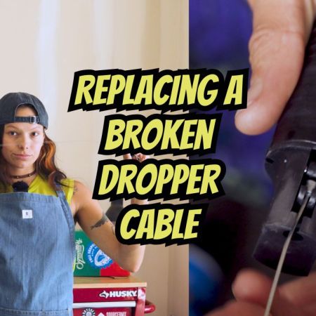 how to replace a broken dropper cable- woman holding up a dropper cable, another image of a dropper post trigger and a cable to the right