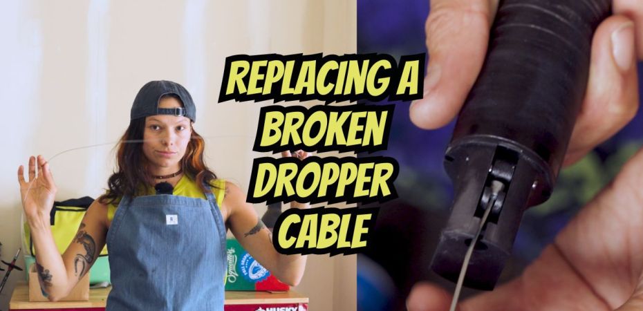 how to replace a broken dropper cable- woman holding up a dropper cable, another image of a dropper post trigger and a cable to the right