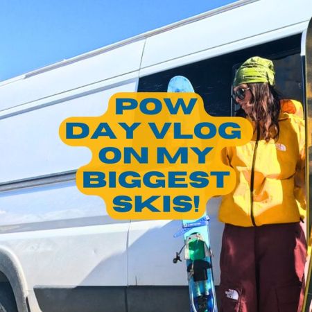 Cover Photo for a YouTube vlog - Powder day on my biggest skis, a woman standing in front of an open side door on a van, holding skis,