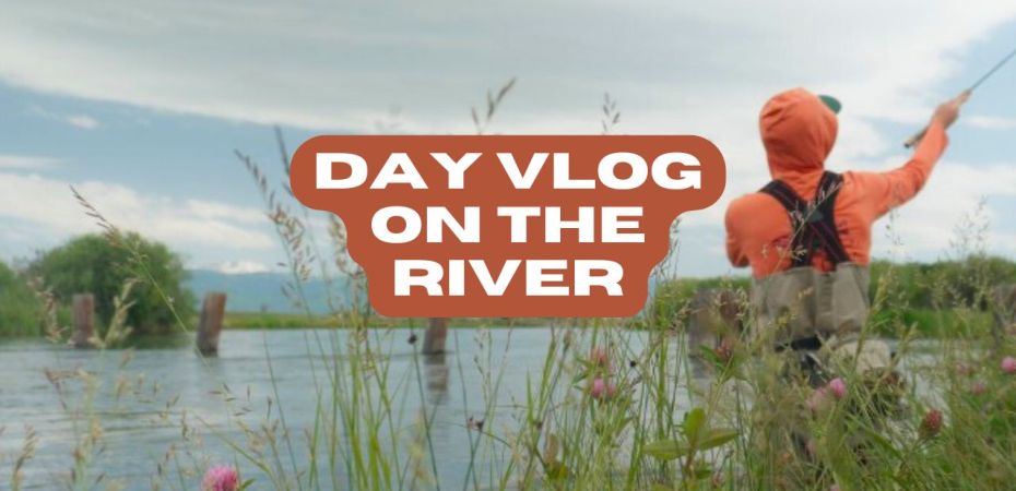 blog thumbnail ; man facing away, fly fishing, with flowers in the foreground and river in the background