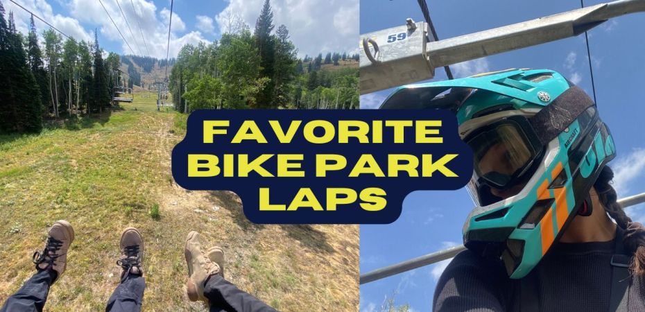 favorite bike park trails at Solitude Mountain Bike Park title card - woman wearing a full face helmet, POV of a two people sitting on a chairlift going over a bike park trail