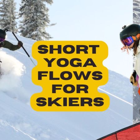 short 30-minute yoga flows for skiers - cool down, warm up, strength, balance title page- skier skiing, skier holding their skis, skier skiing over a rainbow park feature