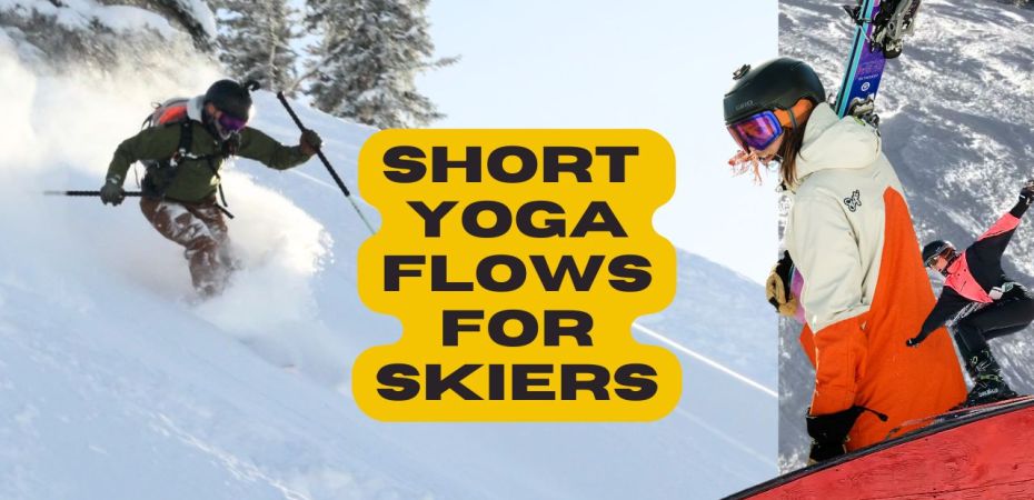 short 30-minute yoga flows for skiers - cool down, warm up, strength, balance title page- skier skiing, skier holding their skis, skier skiing over a rainbow park feature